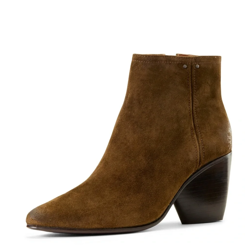 Olive Suede Ankle Boots with Side Zip - Women's
